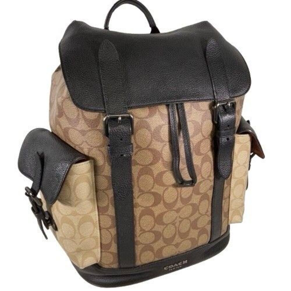Coach Hudson Large Backpack Bag Signature Gunmetal & Khaki Blocked Canvas C6981